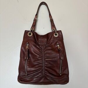 R. Makowsky Ruched Leather Shoulder Bag Tote Brown Silver Hardware